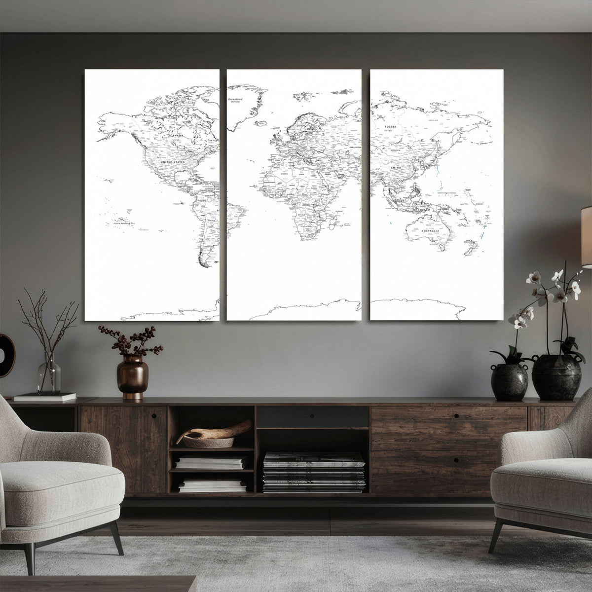 World Map Canvas Print – Framed Modern Detailed Map of the