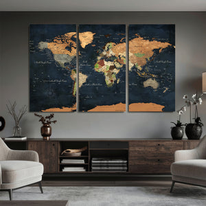 Vintage World Map Canvas Wall Art – Detailed Map with