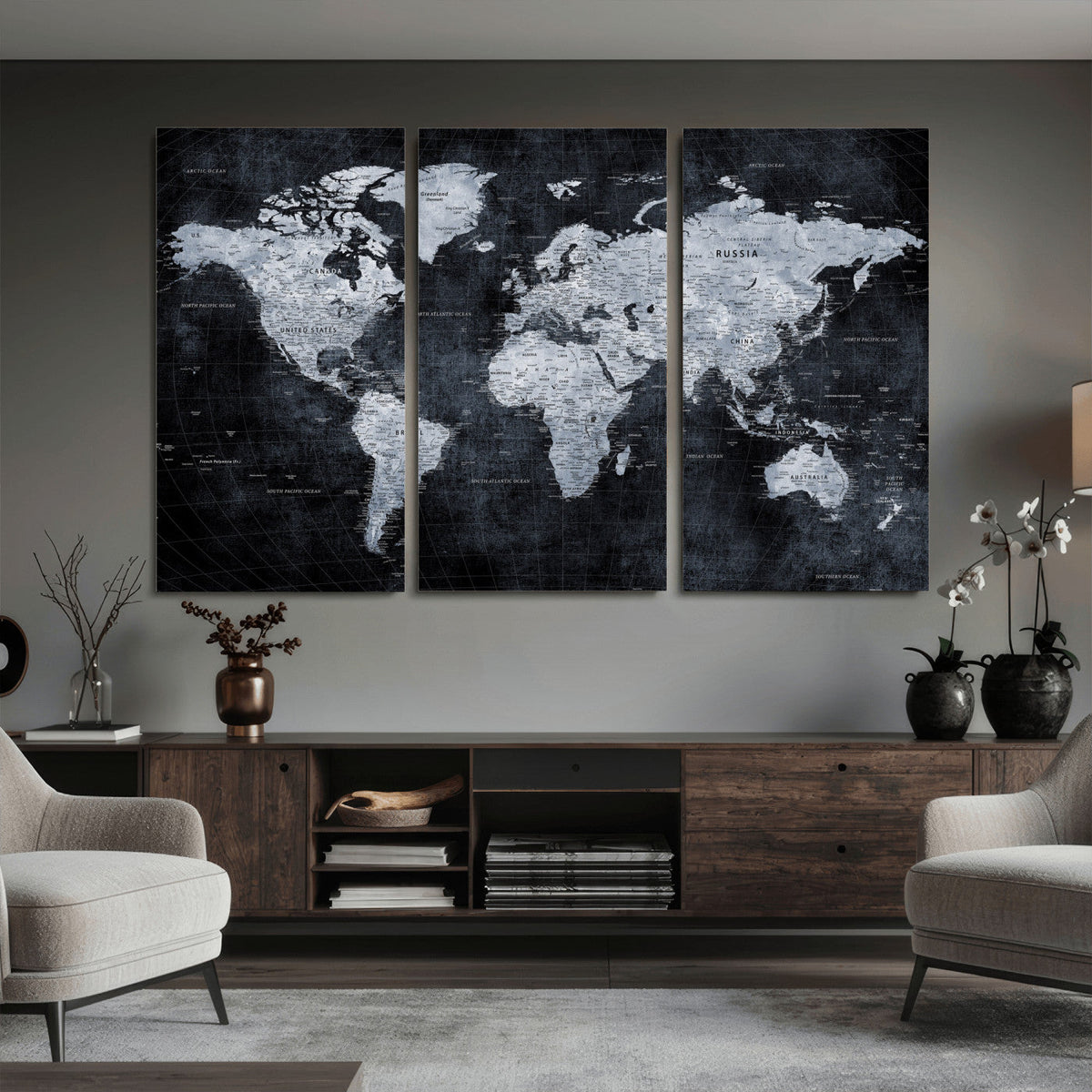 Black World Map Canvas Print – Detailed Map for Couples and