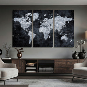 Black World Map Canvas Print – Detailed Map for Couples and