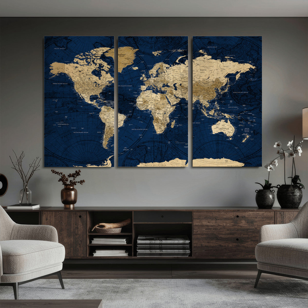 Navy Blue World Map Canvas Print – Detailed Map Minimal Navy