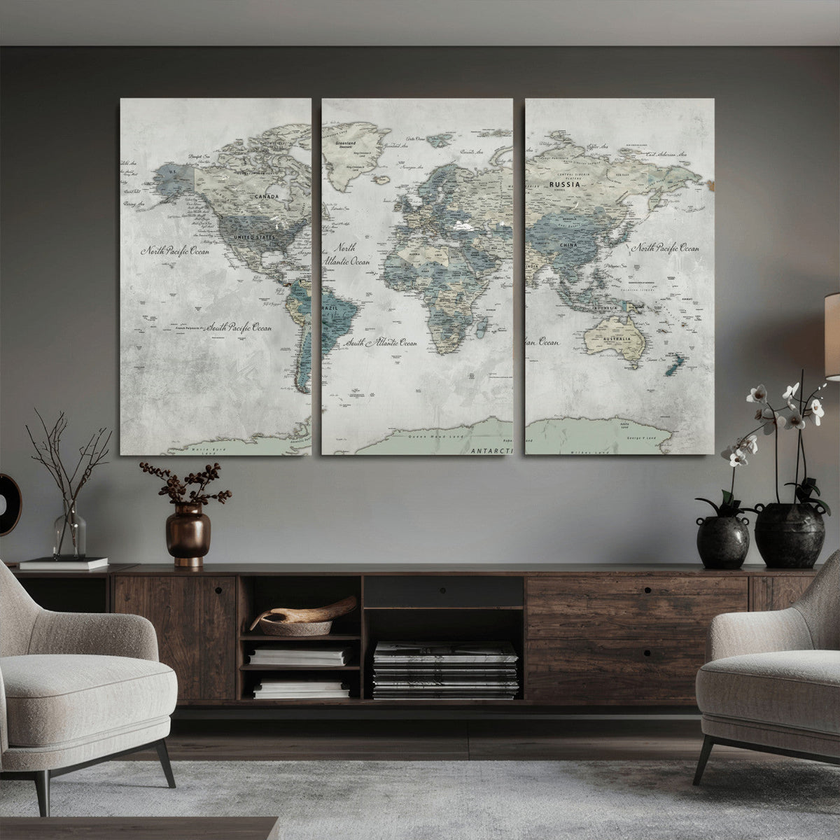 Neutral Vintage World Map Canvas Wall Art Print, Classic Map