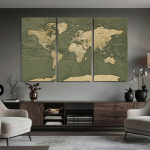 Large World Map Canvas Wall Art Print for Study Room Decor -
