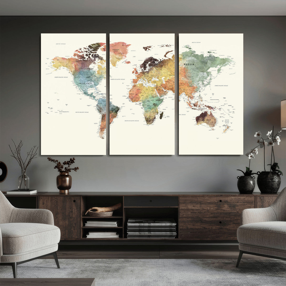 Framed World Map Wall Art Canvas Print for Living Room and