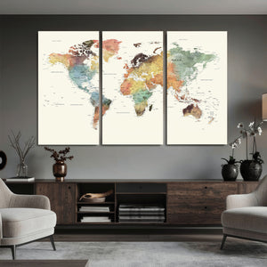 Framed World Map Wall Art Canvas Print for Living Room and