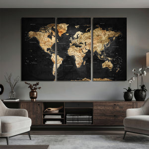 World Map Canvas Wall Art with Famous Landmarks – Framed