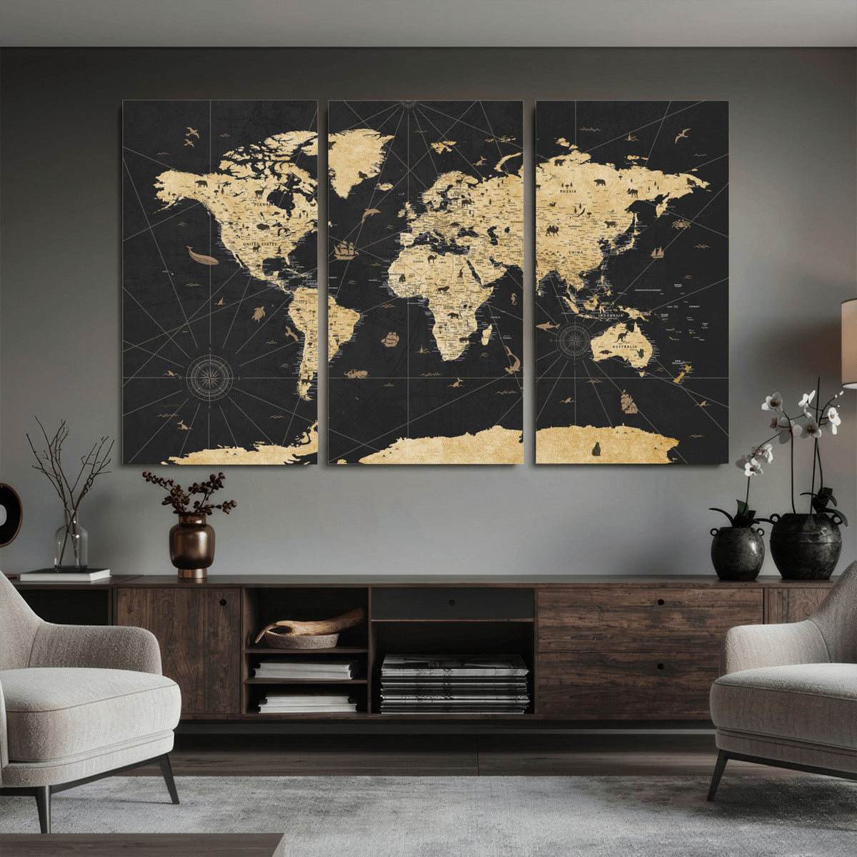 Vintage Blue and Brown World Map Canvas Wall Art – Framed