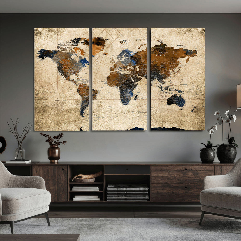 World Map Wall Art Canvas Print, Modern Decorative Framed