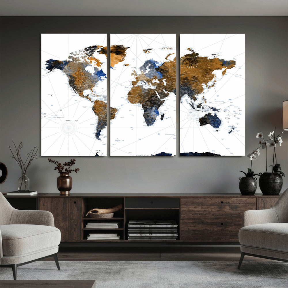 World Map Wall Art Canvas Print, Modern Decorative Framed