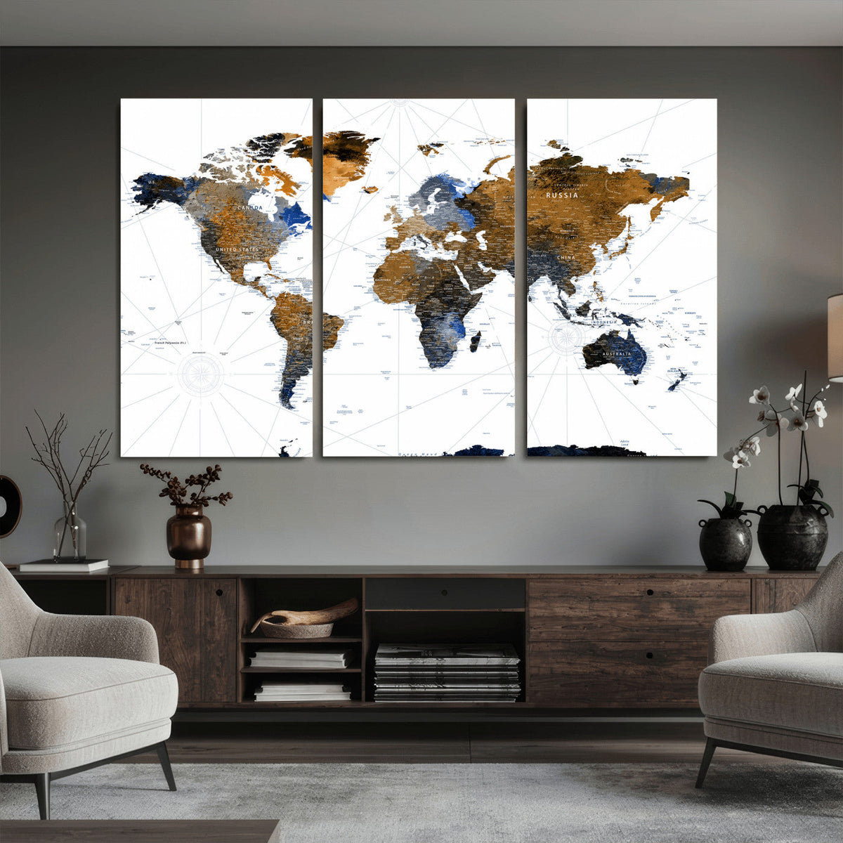 World Map Wall Art Canvas Print, Modern Decorative Framed