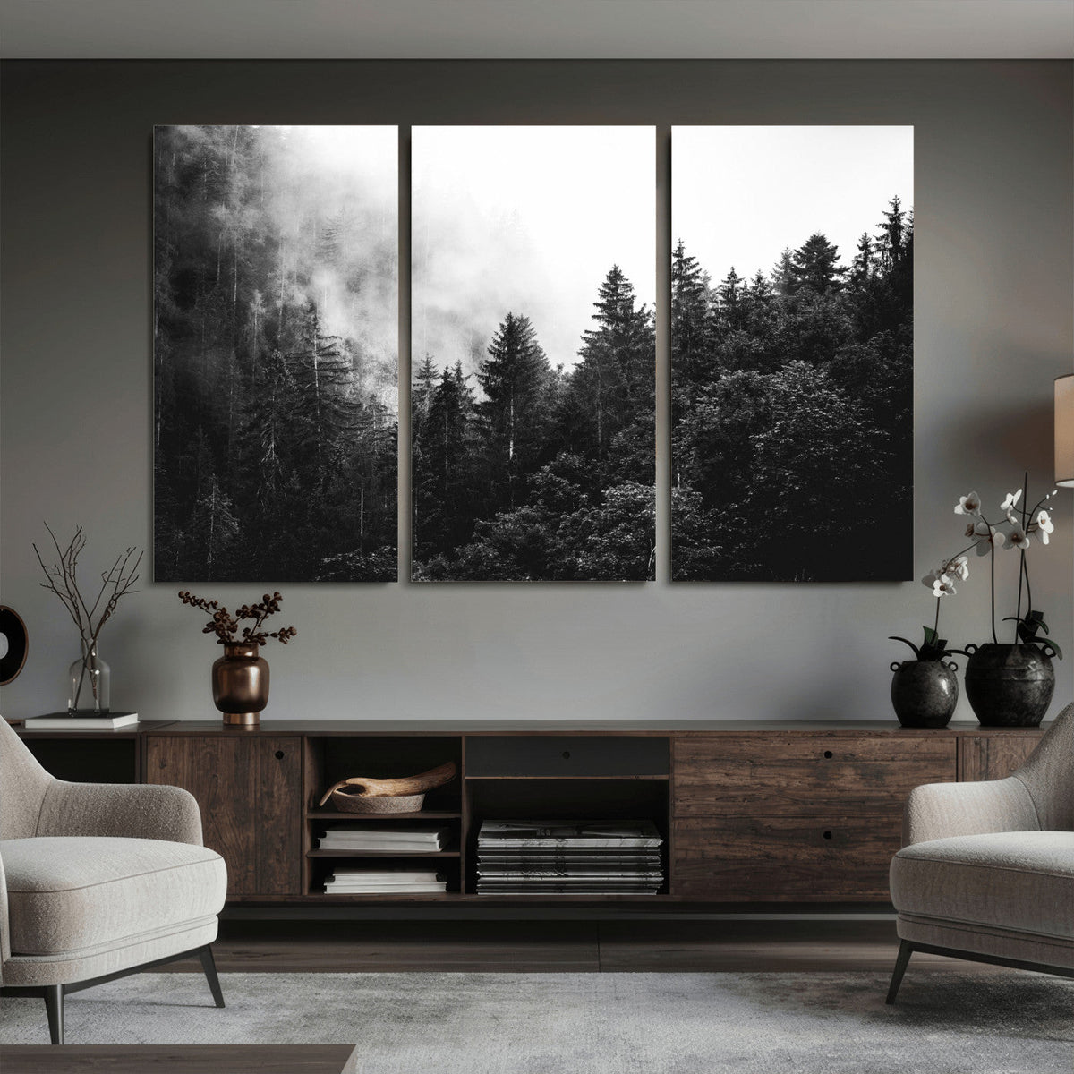 Black White Forest Wall Art Canvas Print, Misty Pine Tree