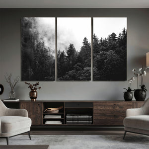 Black White Forest Wall Art Canvas Print, Misty Pine Tree