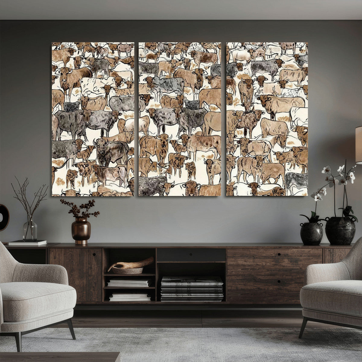 Abstract Longhorn Wall Art Canvas Print - Cow Animal Drawing