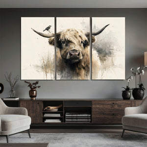 Abstract Highland Cow Wall Art Canvas Print, Rustic Farm