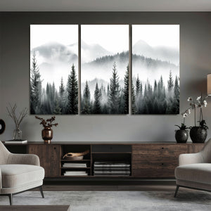 Misty Pine Forest Mountain Landscape Wall Art Canvas Print