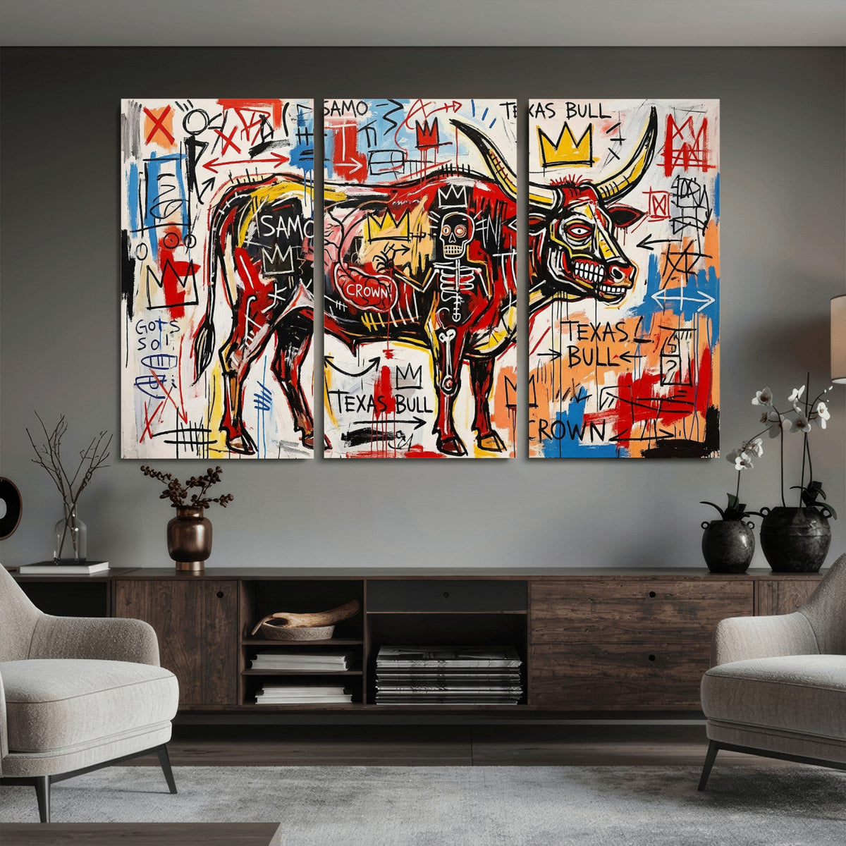Texas Bull Wall Art Canvas Print, Abstract Graffiti Bull