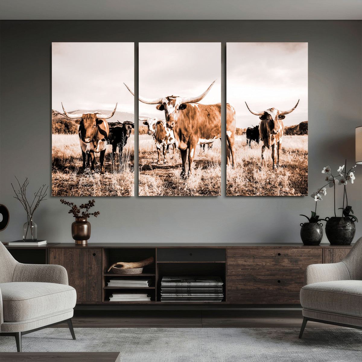 Texas Longhorn Cattle Wall Art Canvas Print, Sepia Western