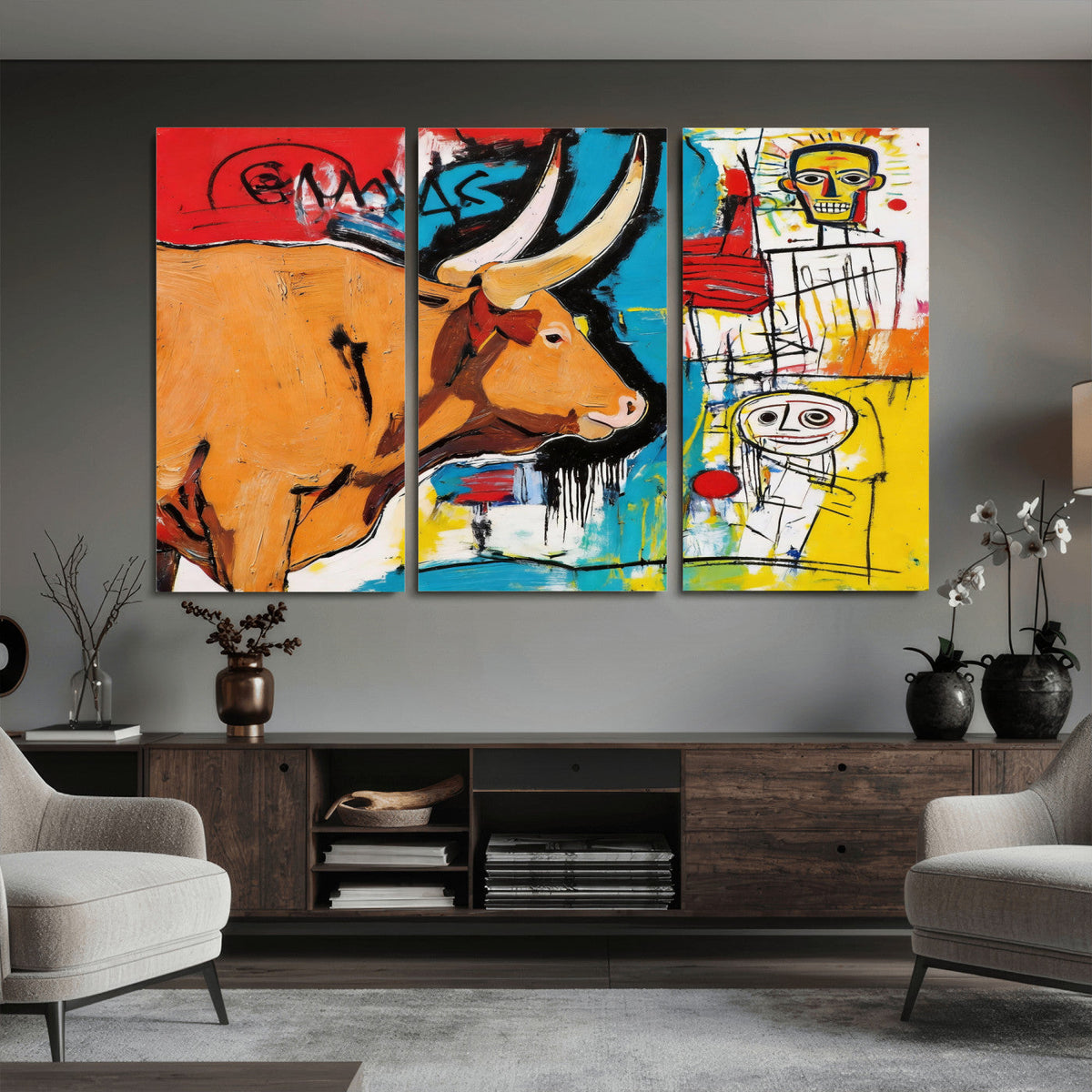 Basquiat Style Bull Graffiti Wall Art Canvas Print, Street
