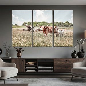 Texas Longhorn Cattle Wall Art Canvas Print, Rustic Ranch