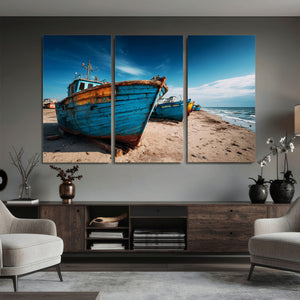 Coastal Fishing Boats Wall Art Canvas Print, Sunset Beach
