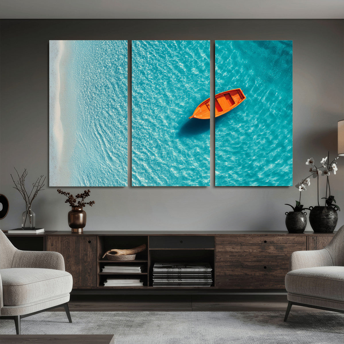 Minimalist Boat Wall Art Canvas Print, Aerial Sea Landscape
