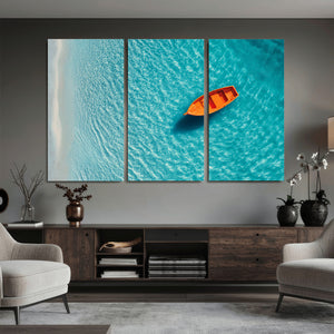 Minimalist Boat Wall Art Canvas Print, Aerial Sea Landscape