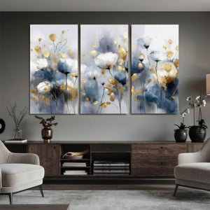 Large Abstract Flowers Wall Art Canvas Print – Gold and Blue