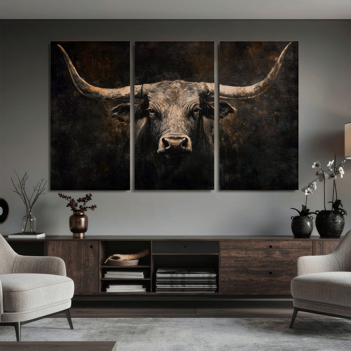 Vintage Longhorn Bull Wall Art Canvas Print – Rustic Western