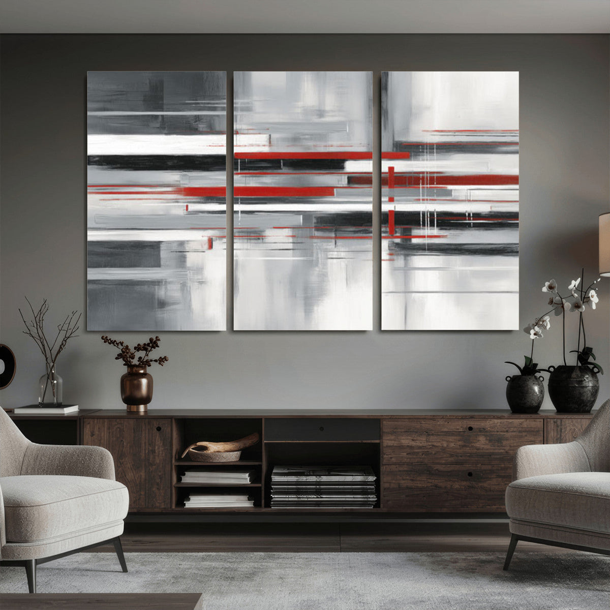 Gray Red Abstract Wall Art Canvas Print, Modern Abstract