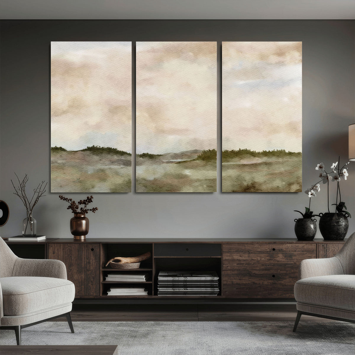 Muted Watercolor Hill Landscape Print — Beige Taupe Cloudy