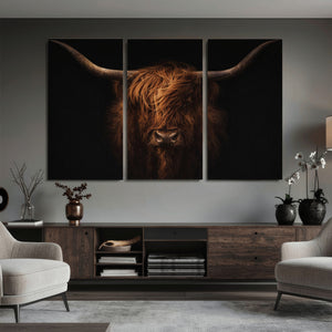 Highland Cow Wall Art Canvas Print – Moody Dark Rustic
