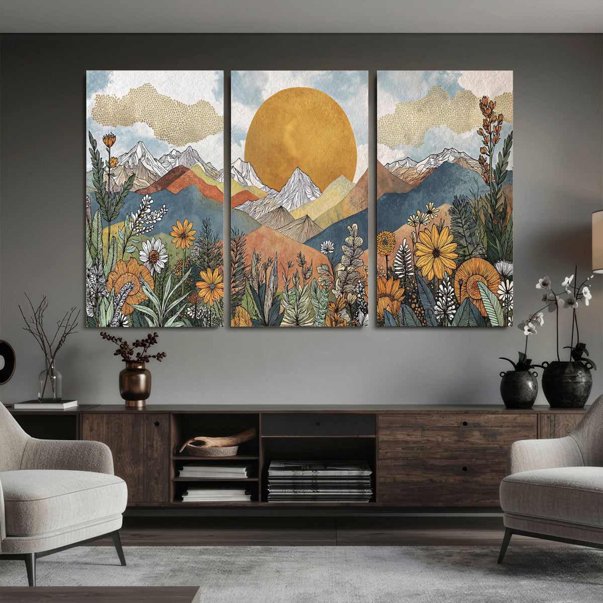 Boho Mountain Landscape Large Wall Art, Horizontal Gold