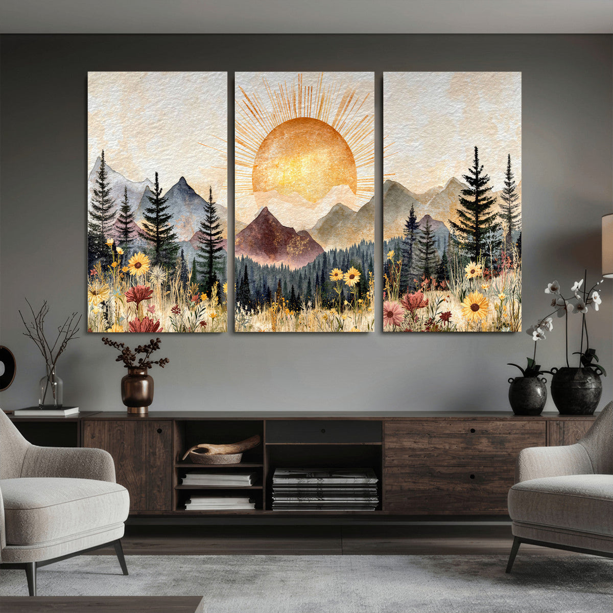 Boho Mountain Landscape Large Wall Art, Horizontal Gold