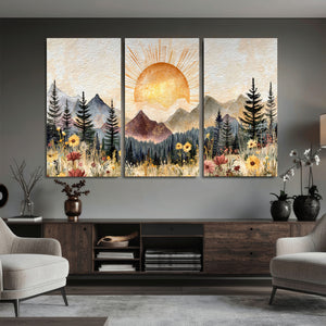 Boho Mountain Landscape Large Wall Art, Horizontal Gold