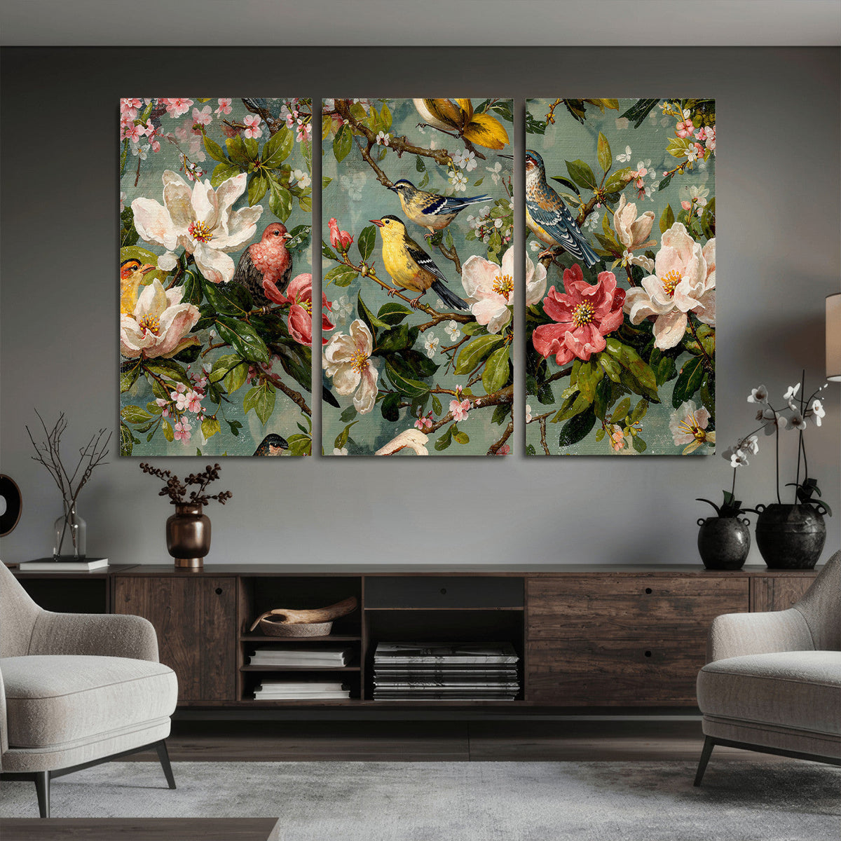Vintage Birds and Flowers Wide Wall Art: Extra Large