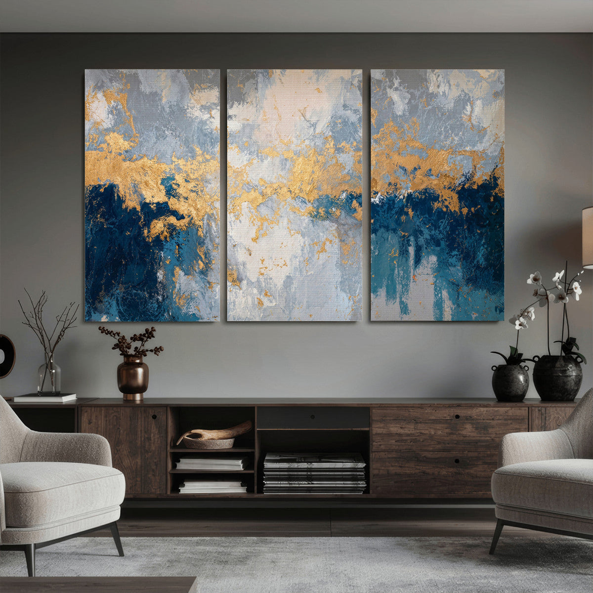 Blue Gold Abstract Large Framed Canvas Wall Art, Modern