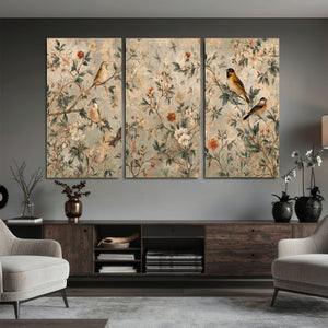 Vintage Birds and Flowers Wall Art Canvas Print, Botanical