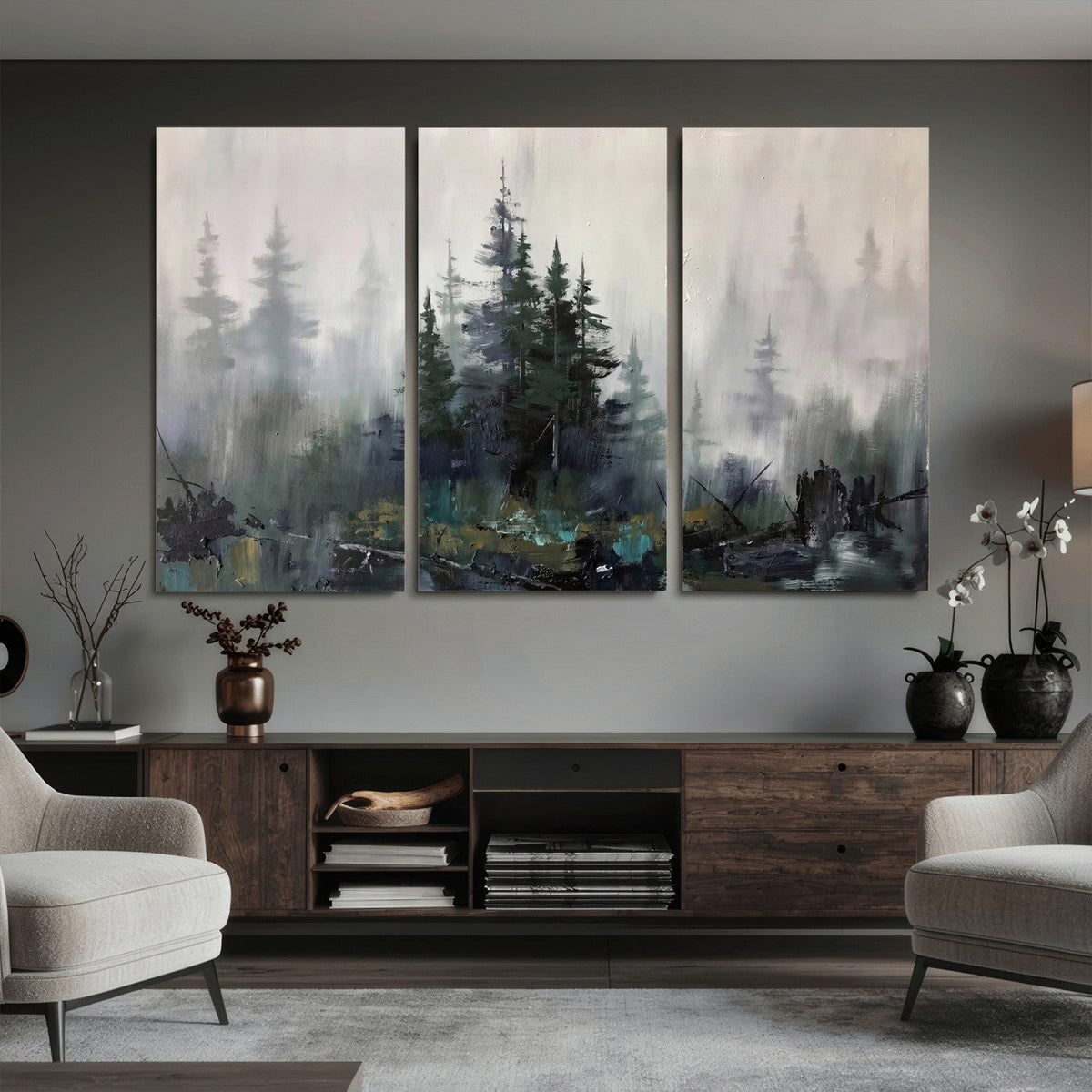 Misty Pine Forest Oil Painting Canvas — Dark Moody Teal Grey
