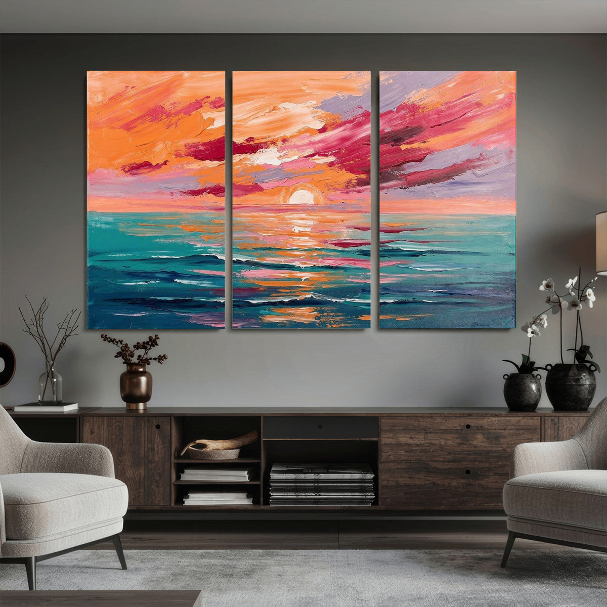 Bold Palette Knife Ocean Sunset Canvas — Orange Pink Teal