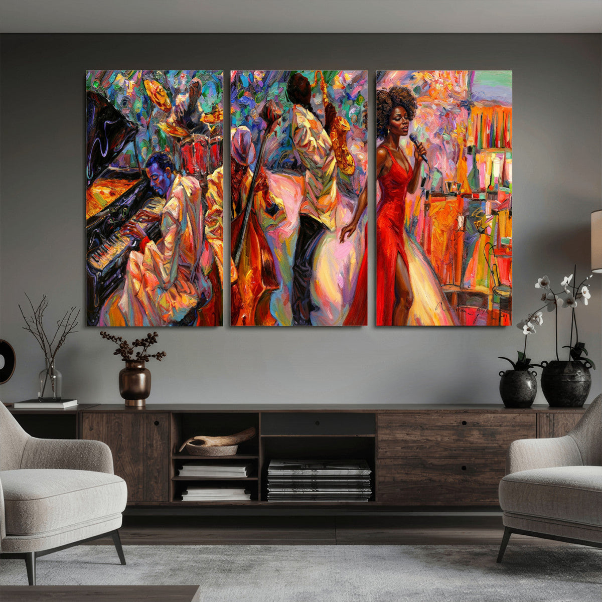 African American Jazz Singer Canvas Art — Red Dress Black