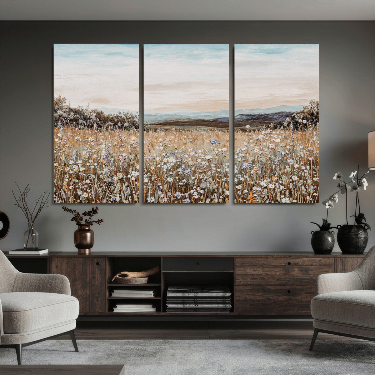 Neutral Wildflower Field Canvas Wall Art — Beige Earth Tone