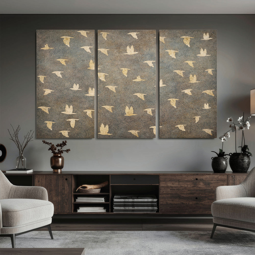 Flying Birds Canvas Wall Art, Vintage Bird Flock Pattern
