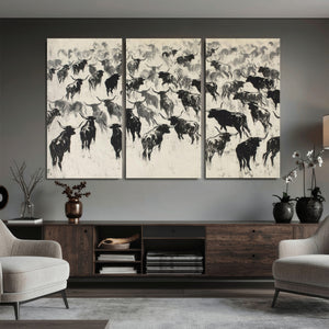Longhorn Cattle Canvas Wall Art, Black White Stampede Ink