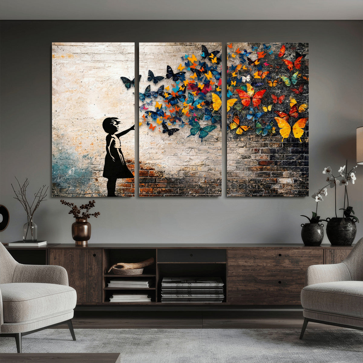Banksy Graffiti Butterfly Girl Wall Art Canvas Print, Framed