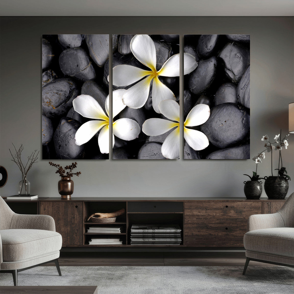 Plumeria Frangipani Black Stone Canvas | White Flower Spa