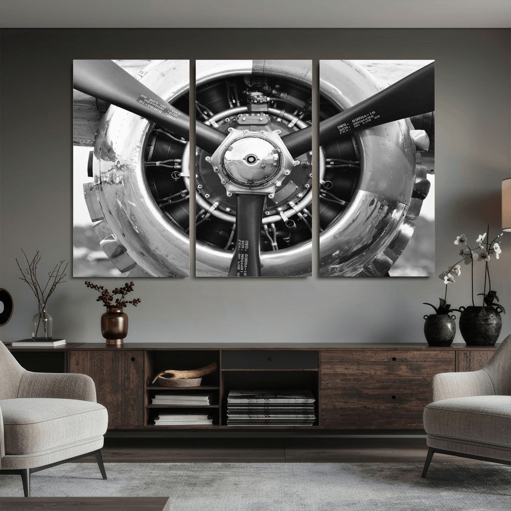 Vintage Propeller Plane Wall Art Canvas Print, Black and