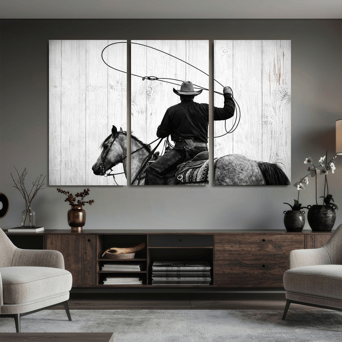 Cowboy Lasso Canvas Wall Art, Black White Western Horse