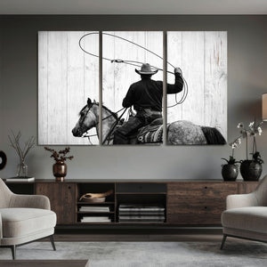 Cowboy Lasso Canvas Wall Art, Black White Western Horse