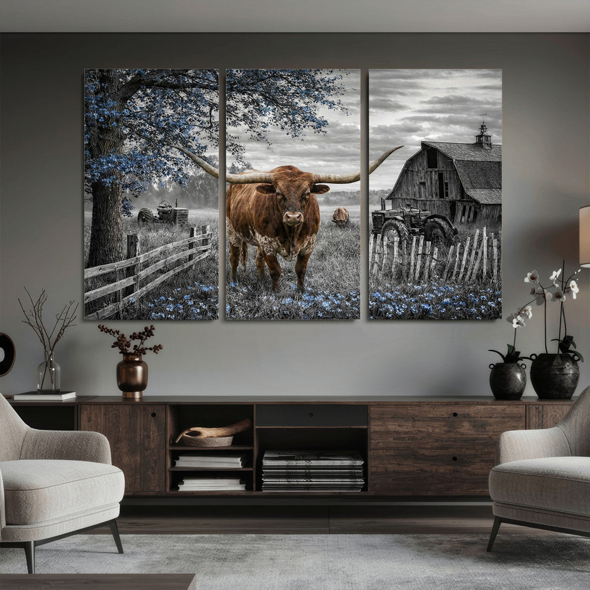 Texas Longhorn Canvas Wall Art, Rustic Farm Barn Bluebonnet