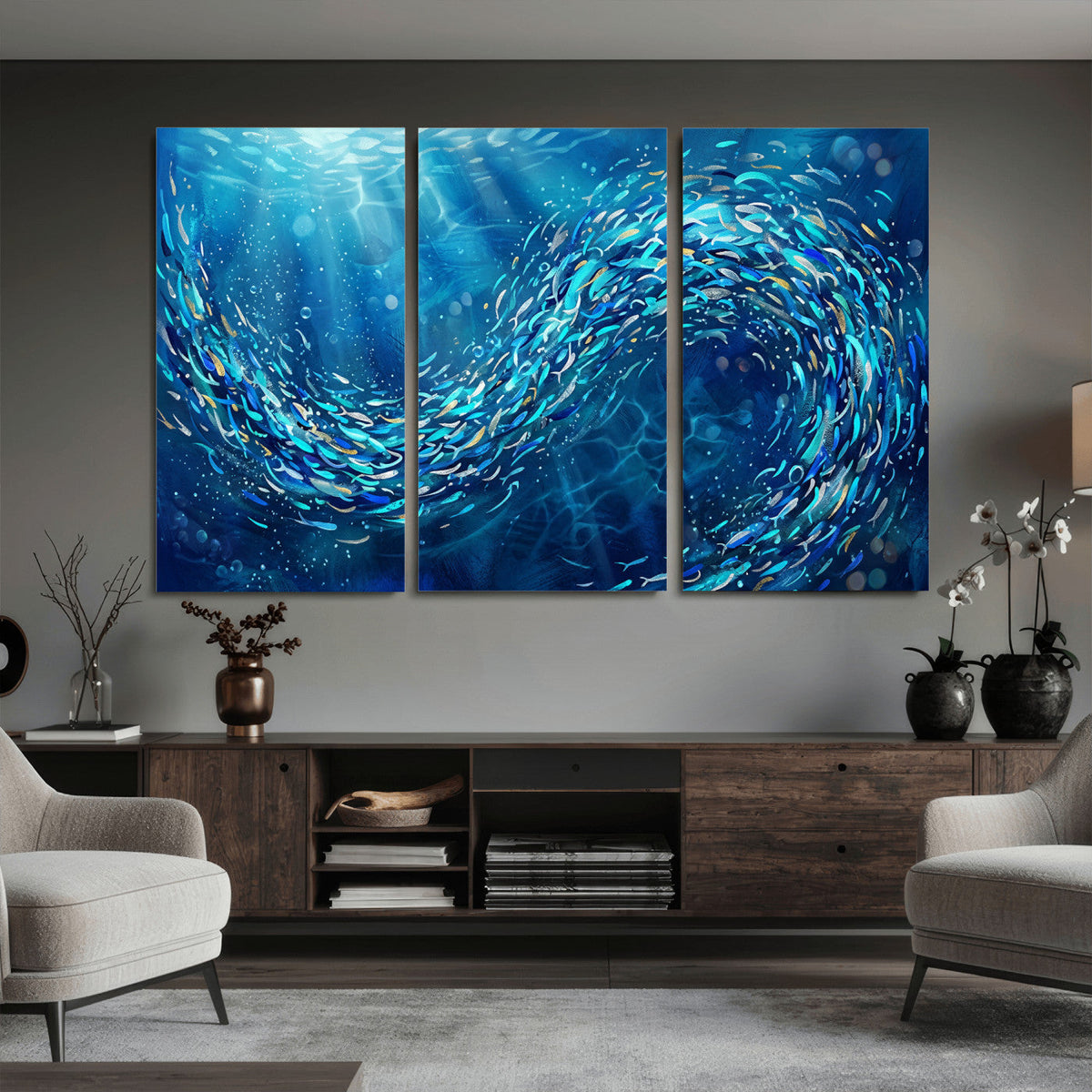 School of Fish Canvas Print | Blue Ocean Underwater Wall Art